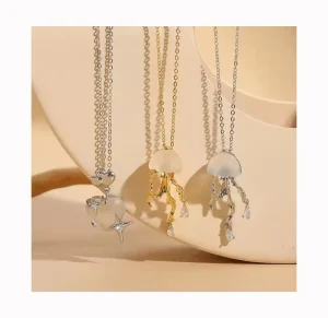 Cute Jellyfish Shape Pendant Resin Necklace Copper Plated 14K Gold Crystal Zircon Silver Heart Necklace for Women