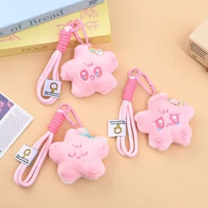 Cute Kawaii Soft High quality 3D Pink Flower Plush Keychain Adorable Sakura Face Bag Charm Accessory