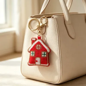 Cute Keychain Snowman Red House Bag Pendants Beads Rhinestone Keyrings Women Christmas Decoration