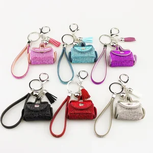 Cute Keychains for Women Luxury Crystal Rhinestone Mini Bag Key Chain Charm Bling Diamond Leather Cosmetic Lipstick Bag Keychain