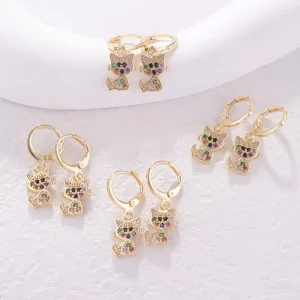 Cute Kitty High Quality 14k Yellow Gold Plated Fashion Dangling Drop Cat Earrings for Women Girls Lead Nickel Free