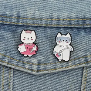 Cute Laboratory Nurse Cat Brooch Enamel Pins Cartoon Kitten Scientist Lab Chemical Brooches Lapel Badge Jewelry Gift