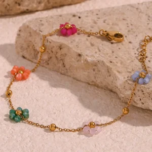 Cute Ladies Bracelet 18K Gold Plated Handmade Colored Flower Chain Stainless Steel Fashion Chain Link Bracelets