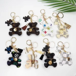 Cute Little Bear PU Leather Tassel UV Printed Customizable Keychain Mini Bag Pendant