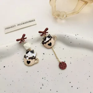 Cute Little Kitten Drop Earrings with Long Asymmetrical Tassel Trendy Party Alloy Earrings Fashionable and Unique