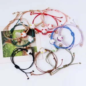 Cute Lucky Cat Adjustable Kawaii Feng Shui Lucky Bracelet Ceramic Bead Bracelet with Bell for Women Girl