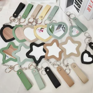 Cute Luxury Simple Fashionable Handmade PU Leather Star Shaped Hanging Makeup Mirror Keychain