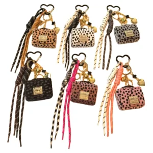 Cute Mini Leopard Print Purse Beaded Rope Braided Keychain Bag Charms Keychain for Women Girls