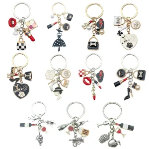 Cute Mini Lipstick Keychain Luxury Handbag High Heels Crown Enamel Key Chains Women Bag Hat Cloth Charm Pendant Car Keychain