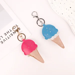Cute Multicolor Ice Cream PU Leather Keychain Charm with Stitched Detail for Casual Handbag and Luggage Decor