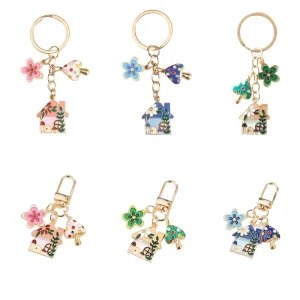 Cute Mushroom Flower House Keychain for Girl Enamel Aesthetic Accessory Key Chain Women Backpack Charm Keyring Gifts