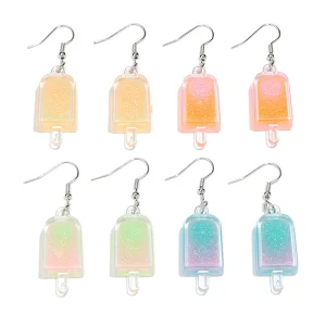 Cute New Summer Food Charms Fashionable Iridescent Glitter 3D Popsicle Gradient Color Flowing Sand Ice Cream Drop Earrings