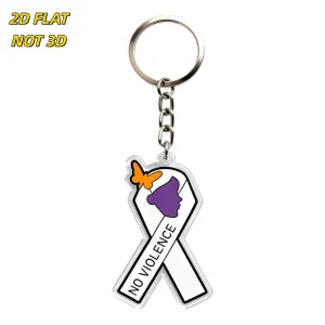 Cute No Violence White Ribbon Acrylic Keychain Purple Silhouette & Orange Butterfly Design Clear Awareness Charm for Keys, Bags