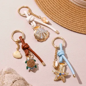 Cute Ocean Shell Starfish Keychain Leather Rope Pendant Summer Handbag Accessory Bag Charm for Women
