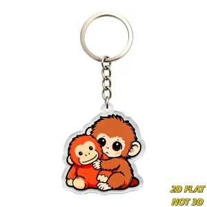 Cute Orangutan Baby Monkey Acrylic Keychain Hugging Duo Design Clear Edge Metal Ring Chain Fun Jungle Animal Accessory