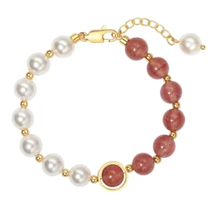 Cute Party 18K Gold Plated Brass with Red Crystal Imitation Pearl Beaded Bracelet Unisex Jewelry