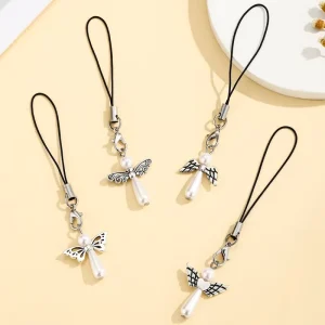 Cute Pearl Angel Key Keychain Lobster Clasp Small Pendant Bell Flower Phone Charm