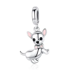 Cute Pet Chihuahua Dog Pendant Charm Silver 925 Original Pink Enamel Ear Fashion Jewelry Gifts Girl Accessories SCC1317