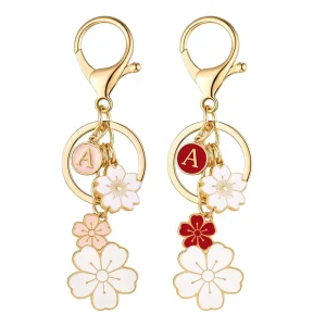 Cute Pink Initial Keychain Ladies Zinc Alloy Flower Charms Cartoon Style Carabiner Lightweight Waterproof Christmas Fashion