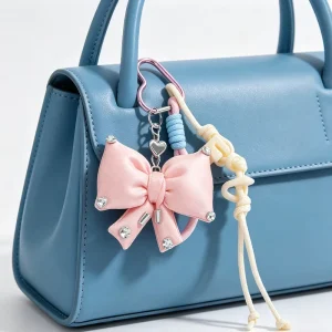 Cute Pink Satin Bow Bag Charms with Rhinestone and Heart Carabiner Keychain for Women