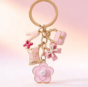 Cute Pink Sweet Bag High Heel Bow Flower Metal Faux Pearl Keychain Gift for Women Fashion Bag Ornament Car Trinket Accessories