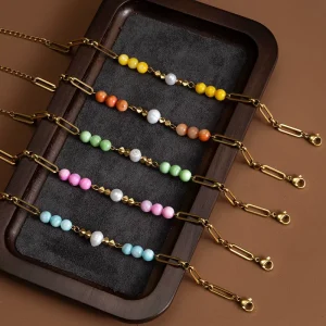 Cute Playful Mixed Color Natural Stone Pearl Beaded Paperclip Chain 18K Gold PVD Stainless Steel Bracelet for Women Girls