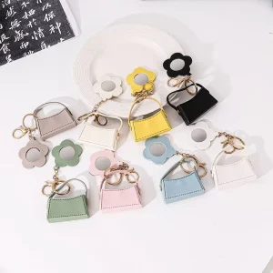 Cute Portable Creative Leather Keychain for Women Colorful Flower Makeup Mirror Pendant Fashionable Bag Charm Gift Light Keyring