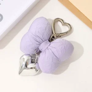 Cute Puffy Bow Keychain Silver Heart Pendant Star Clasp Bag Charm Multi Color Women Fashion Key Ring