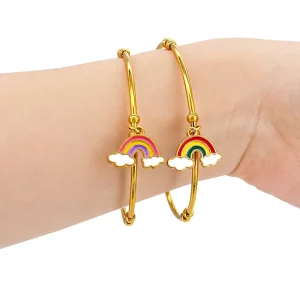 Cute Rainbow Cartoon Pendant Bangle Fashion 18K Gold Plated Bangle for Little Girls in Summer Waterproof Bracelet
