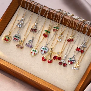 Cute Red Cherry Necklace Stainless Steel Chain 18K Gold Brass Zircon Heart Necklace Enameled Fashion Necklace for Women