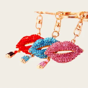 Cute Red Lip Zinc Alloy Keychain Full Diamond Embellished Fashion Women Bag Charm Car Key Pendant Purse Decor Custom