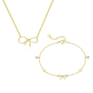 Cute S925 Fashion Jewelry Set Classic Zircon Bow Star Pendant Necklace Charm Bracelet Earrings for Women