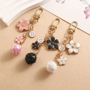Cute Simple Flower Letter Pom Pom Bag Decoration Hanging Ornament Phone Case Pendant Metal Keychain Bag Accessory