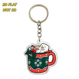Cute Snowman Hot Cocoa Mug Acrylic Keychain Festive Winter Accessory Clear Double Sided Design with Holly & Marshmallow Detail