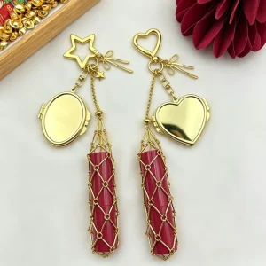 Cute Stainless Steel Mesh Net Lip Gloss Lipstick Lip Balm Holder Case Keychain with Makeup Mirror Lipstick Keyring Pouch