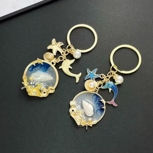 Cute Starfish Conch Dolphin Pearl Zinc Alloy UV Printed Digital Photo Keychain Lightweight Hard-Wearing Handmade DIY Sea-Themed