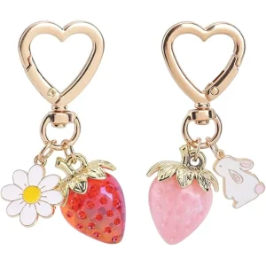 Cute Strawberry Keychain Bow Heart Keyring Bag Charm Zinc Alloy Key Chain for Women Purse Decoration