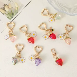 Cute Strawberry Keychain Kawaii Heart Flower Daisy Bag Charms Accessories for Girls Purse Handbag Decor