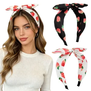 Cute Strawberry Print Bow Headband Rabbit Ear Knot Wide Edge Head Bands Daily Sweet Fashion Hair Accessories for Women Girls