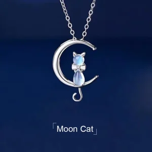 Cute Tarnish Free Silver Plated Stainless Steel Rainbow Moonstone Lucky Moon Cat Pendant Necklace Jewelry for Women