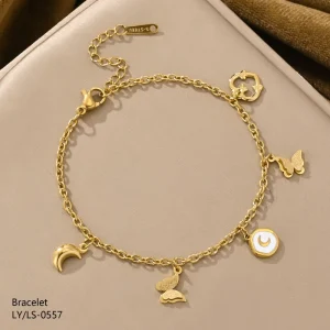 Cute Trendy Chic Stylish Gold Plated Stainless Steel Charm Butterfly Heart White Moon Pendants Bracelet for Women Anniversary