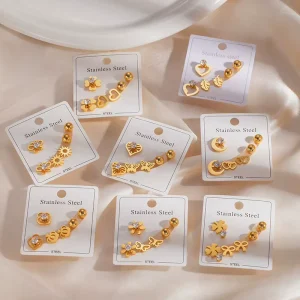 Cute Trendy Flower Four leaf Butterfly Women’s Stainless Steel Gold Plated Elegant Heart shaped Stud Earrings Set