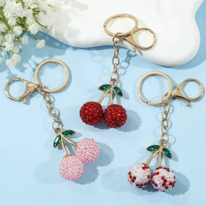 Cute Valentines Gift Rhinestone Cherry Keychains Fashion Crystal Charm Key Chains Lady Bag Purse Accessory Women Keychain