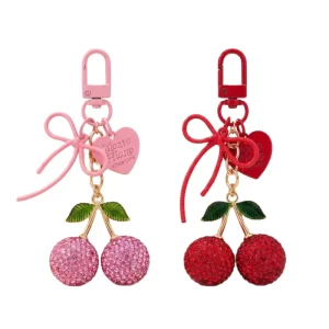 Cute Valentines Gift Women’s Metal Keychain Rhinestone Decorated Cherry Fashion Crystal Charm for Bags and Purses Accessory