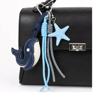 Cute Whale Starfish Bag Charm Pendant Navy Blue PU Leather Tassel Keychain Ocean Theme Handbag Decoration Accessories