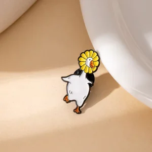 Cute White Goose Sunflower Enamel Brooch Cartoon Animal Badge Pin Bag Clothing Accessory