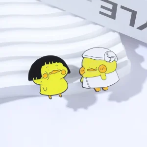 Cute Yellow Duck Couple Enamel Pins Shy Wig Bathrobe Design Lapel Brooch