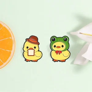 Cute Yellow Duck Enamel Pin Set 2 Styles Toast Top Hat & Frog Hat Duck Brooch For Backpack Decoration