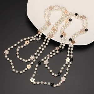 DF010000 Fashion Rhinestones Flower Pearl Necklace Women Multi Layers Pearls Long Style Necklace Jewelry