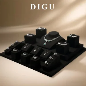 DIGU Premium Black Microfiber Jewelry Display Stand Set Boutique Necklace Bust Ring Holder Jewelry Showcase Countertop Display